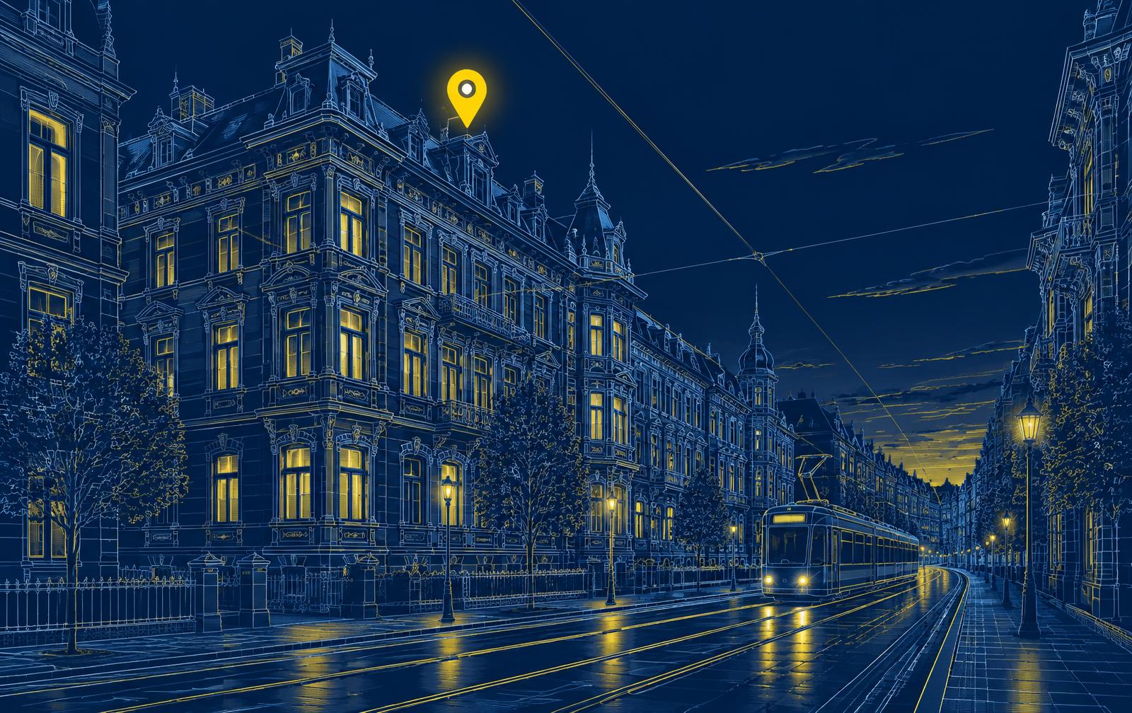 Grafik: Straßenansicht Leipzig mit Standort-Markierung